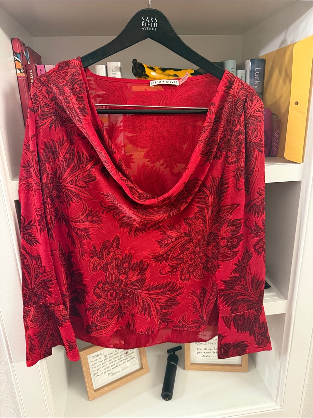 Alice + Olivia Red Floral Draped Cowl Long Sleeve Top